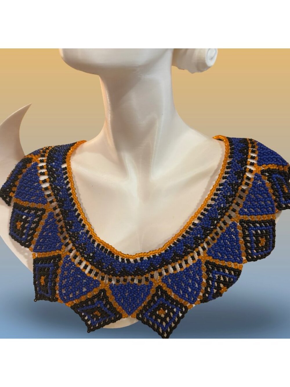 Handmade Tribal Beaded Collar Necklace With Geometric Design & Clasp Vintage